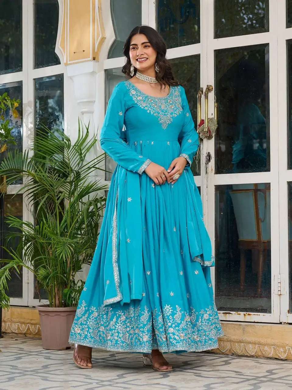 Women's American Silk Sequence Embroidery Long Anarkali Kurti Gown With Dupatta - Image 6