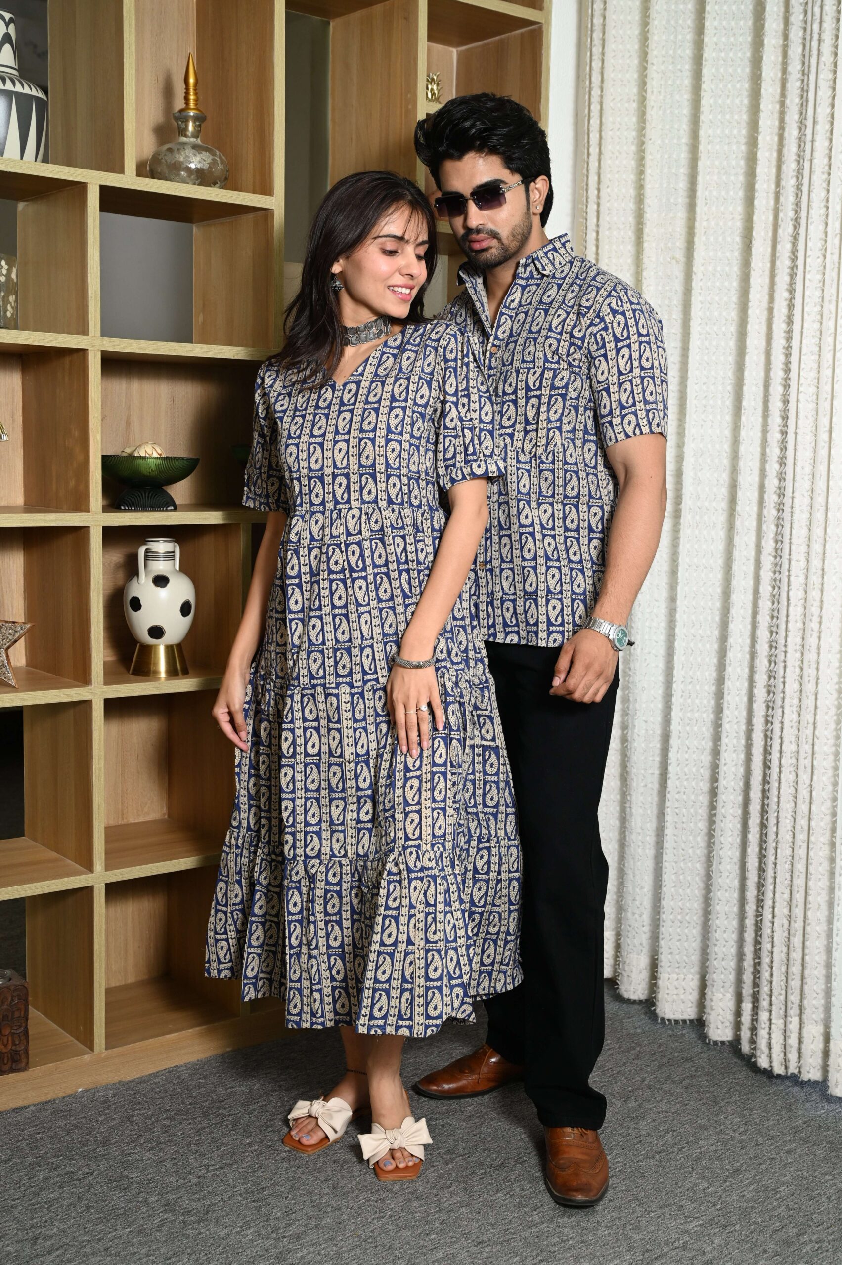 Couple Matching Navy Blue Cotton Anarkali Midi Dress and Shirt Set ? Paisley Block Print - Image 3